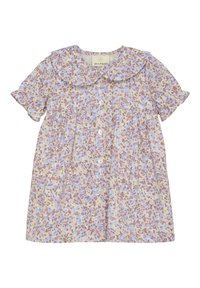 Robe florale avec des manches bouffantes courtes, un col volants, des boutons sur le devant, présentant un motif violet, rose et crème sur un fond clair.