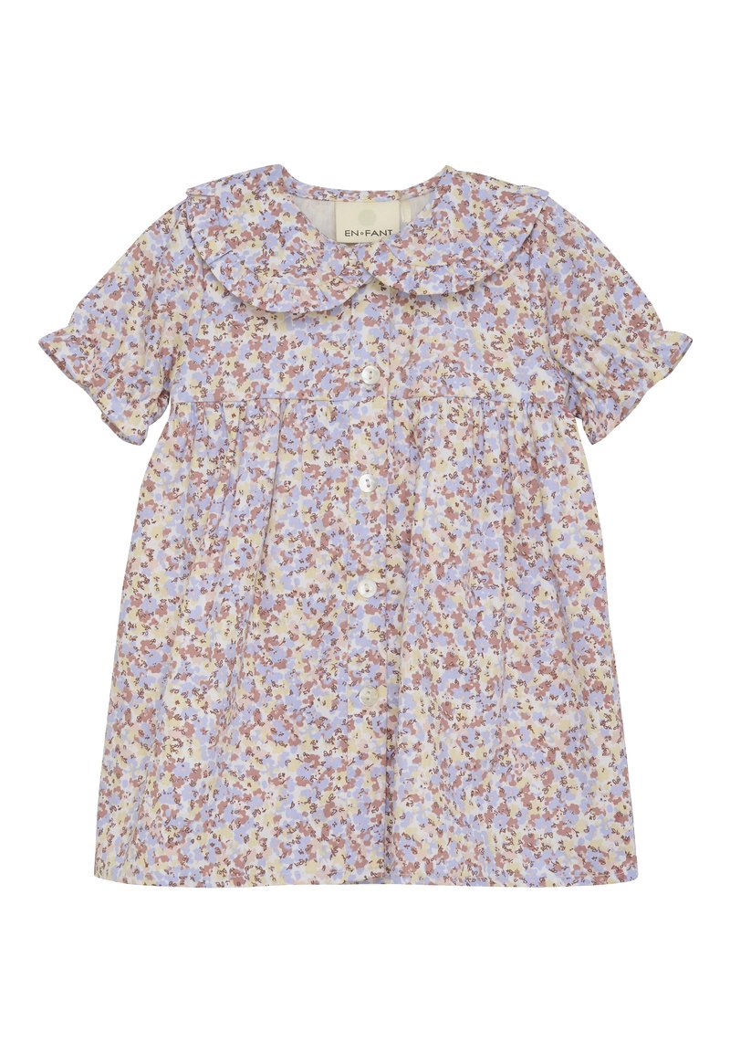 Robe florale avec des manches bouffantes courtes, un col volants, des boutons sur le devant, présentant un motif violet, rose et crème sur un fond clair.