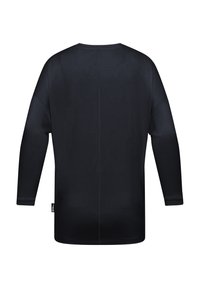 Schwarzes Langarmshirt mit rundem Halsausschnitt, lockerer Passform und flachen Nähten. Weiche Textur, mit einem kleinen Markenetikett am Saum.