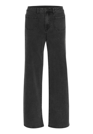 Pantalons en denim noir à jambes larges avec une taille mi-haute, dotés de cinq poches, d'une fermeture à bouton et d'une texture légèrement délavée pour un look décontracté.