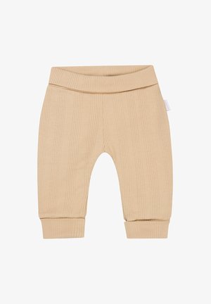 Beige geribbelde babybroek met een zachte elastische tailleband en boorden. De stof heeft een fijne textuur, die het verticale patroon benadrukt.