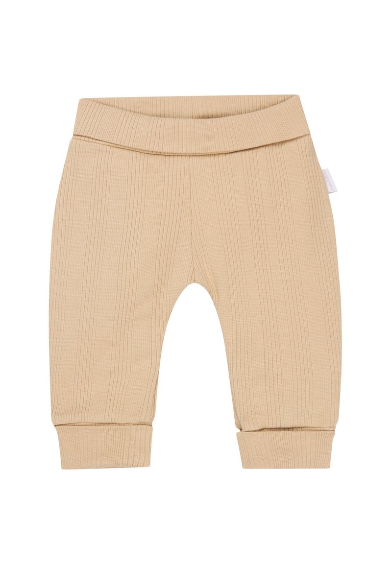 Beige gerippte Babypants mit einem weichen elastischen Bund und Bündchen. Der Stoff hat eine feine Textur, die das vertikale Muster betont.