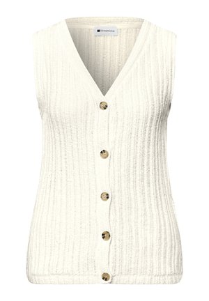 Bílé pletené vestičkové bolerko bez rukávů s výstřihem do V a pěti béžovými knoflíky vpředu, s žebrovanou strukturou.