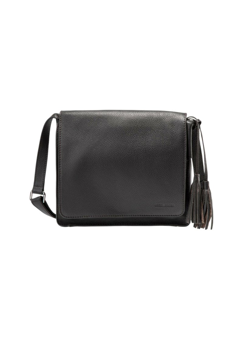 Czarna skórzana torebka na ramię o gładkim wykończeniu i ozdobnym frędzlem po boku. Prosty, stylowy design odpowiedni na różne okazje.