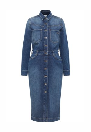 Denimkjole med lange ærmer, spids krave, to brystlommer, knaplukning foran, bæltet talje og knælang pencil skirt i mørkeblå.