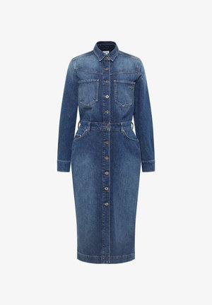 Denim jurk met lange mouwen, puntige kraag, twee borstzakken, knoopsluiting aan de voorkant, ceintuurlijn en kokerrok tot de knie in donkerblauw.