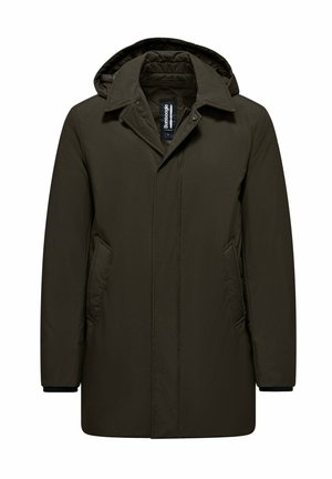 Dark green long winter coat with a hood, buttoned collar, zip closure, and two slanted front pockets.