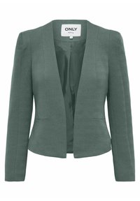 Groene, gestructureerde blazer met een taillerende pasvorm, open voorkant, lange mouwen en twee zijzakken. Beschikt over een visgraatpatroon. Merkenlabel zichtbaar.