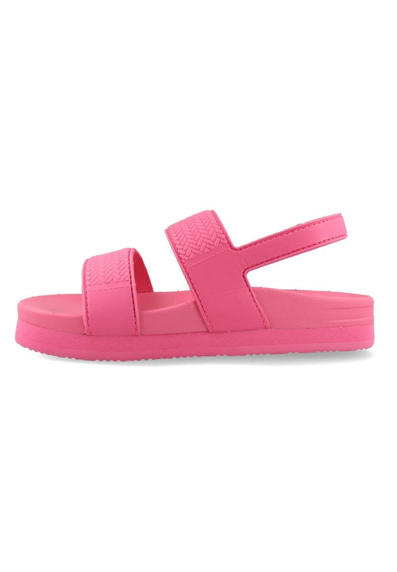 Roze open-teen sandaal met twee verstelbare banden met een textuurdesign. Gemaakt van lichtgewicht materiaal met een platte, gevoerde buitenzool.