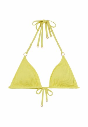 Gul texturerad triangelbikinitopp med justerbara band och detaljer i guldton i mitten och på banden.