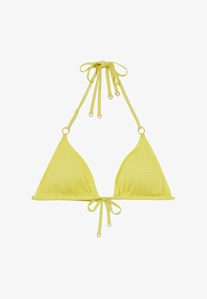 Sárga, textúrált háromszög bikini felső, állítható megkötőkkel és aranyszínű fém alkatrésszel a középen és a pántokon.