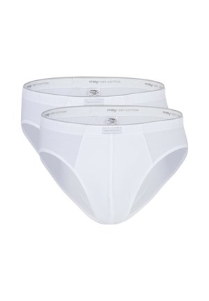 To hvide bomulds herretrusser med elastiske linninger mærket "mey dry cotton," vist forfra på hvid baggrund.