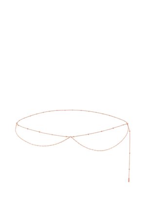 Rose gold chain belt with linking segments and small, circular beads. Features a cascading design with a longer, hanging chain accent.