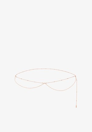 Rose gold chain belt with linking segments and small, circular beads. Features a cascading design with a longer, hanging chain accent.