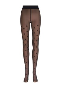 Czarne przezroczyste rajstopy z dużymi czarnymi grochami, z gładkim, szerokim pasem. Materiał wygląda na gładki z połyskującym wykończeniem.