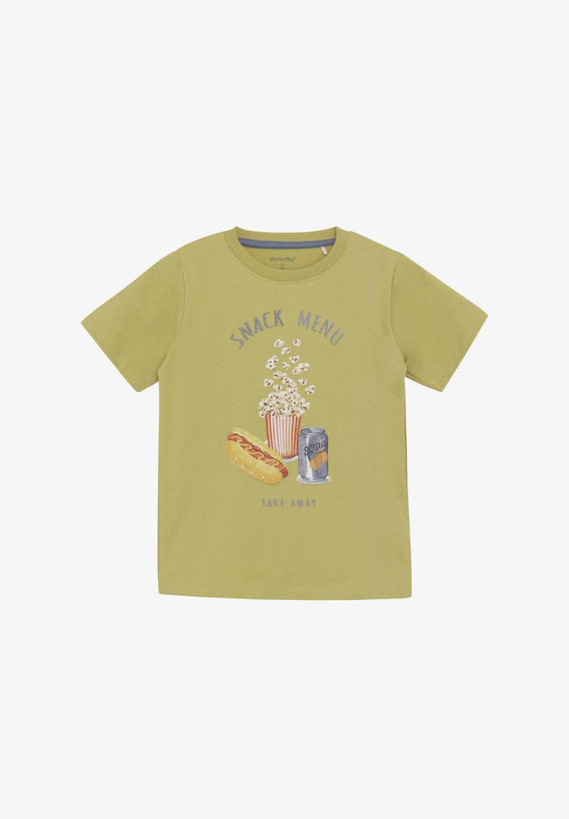Light green cotton T-shirt featuring a graphic print of popcorn, a hot dog, and a soda can with the text "SNACK MENU TAKE AWAY."