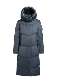 Tmavošedá prešívaná bunda s vysokým golierom, so vzorom prešívania a dvoma zipsovými bočnými vreckami. Materiál pôsobí hladko a ľahko.