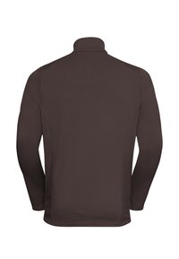 Chemise à manches longues de couleur marron foncé, avec un col montant, un tissu texturé et une coupe ajustée sans logos ni motifs visibles.