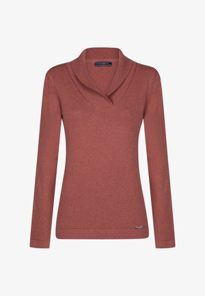 Langärmliger, rostfarbener Pullover mit Schalkragen, gerippter Textur und einem kleinen Logo-Akzent am Saum. Weiches Strickmaterial.