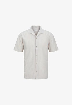 Lühikest varrukat omav heledat beežist särk, millel on peened vertikaalsed triibud, klassikaline krae ja ees nupud. Pehme kangastekstuuri.