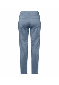 Pantalon bleu clair à jambes droites montré de dos avec deux poches arrière et coutures visibles sur fond blanc.