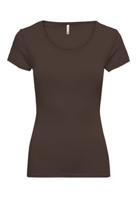 Brown cotton short-sleeve t-shirt with a rounded neckline and a fitted shape, featuring smooth texture and a simple design.