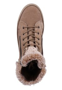 Brauner Wildleder-Winterstiefel mit Fellfutter, Schnürung vorne und seitlichem Reißverschluss, von oben auf einem weißen Hintergrund gezeigt.