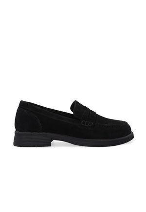 Mocassins en cuir suédé noir avec un talon plat, des détails cousus et une bande sur le dessus. Texture douce avec un design classique et une silhouette basse.