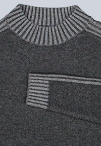 Dark gray sweater with a ribbed collar and cuff. Textured fabric with a subtle pattern, featuring light gray accents on the collar and pocket.