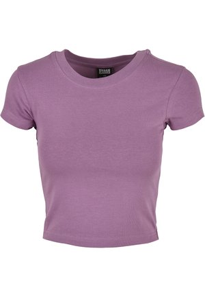 T-shirt a maniche corte e collo tondo in cotone viola chiaro, con una vestibilità aderente e una texture liscia caratterizzata da dettagli di cucitura minimi.