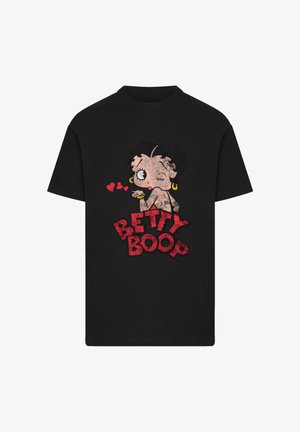 Schwarzes Baumwoll-T-Shirt mit einer Vintage-Illustration von Betty Boop, roten Texten und Herzgrafiken. Klassisches Rundhalsdesign.