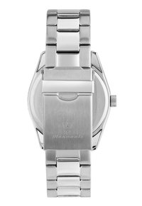 Silver stainless steel watch with a rectangular case, linked bracelet, and engraved brand logo on the clasp. Polished finish and textured accents.