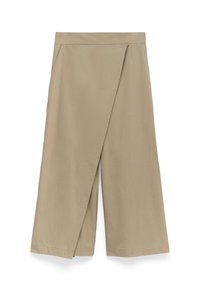 Pantaloni a gamba larga beige con design avvolgente, dotati di tasche laterali e un tessuto liscio e testurizzato. Linee pulite e hardware minimale.