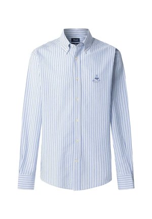 Lichtblauw-wit verticaal gestreept overhemd met lange mouwen, knoopsluiting, button-down kraag en klein geborduurd logo op de borst.