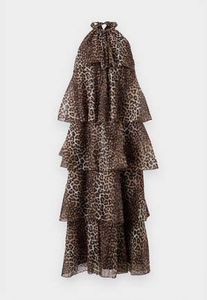Leopard print maxi dress with tiered layers, made of sheer fabric, featuring a halter neck and ruffled edges. Earthy tones dominate the design.