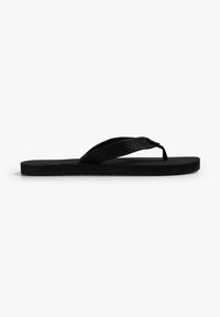 Infradito neri con una fascia testurizzata, suola piatta e un sottile motivo di battistrada. Design minimalista con focus su comfort e semplicità.