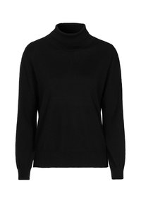 Musta pitkähihaiset pooloneule, jossa on resorit hihansuissa, helmassa ja kauluksessa, esitetty valkoisella taustalla.