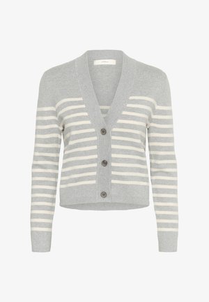 Halluxelt jõhkrad hall kardigan, millel on valged horisontaalsed triibud, V-kaelus, viie nööbiga kinnitis ning ribakujulised varrukaotstega ja hem.