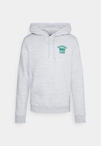 Felpa grigia chiara con cappuccio, dotata di tasca frontale e testo ed emblema verdi "California League 1774 Campioni del Collegio" sul lato sinistro del petto.