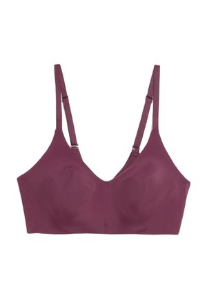 Mauve bralette with a smooth, stretchy fabric. Features adjustable straps and a wide band, designed for comfort and support. No underwire.