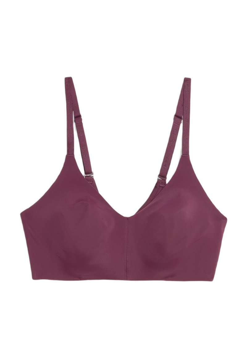 Bralette mauve in tessuto liscio e elastico. Presenta spalline regolabili e una fascia ampia, progettata per comfort e supporto. Senza ferretto.