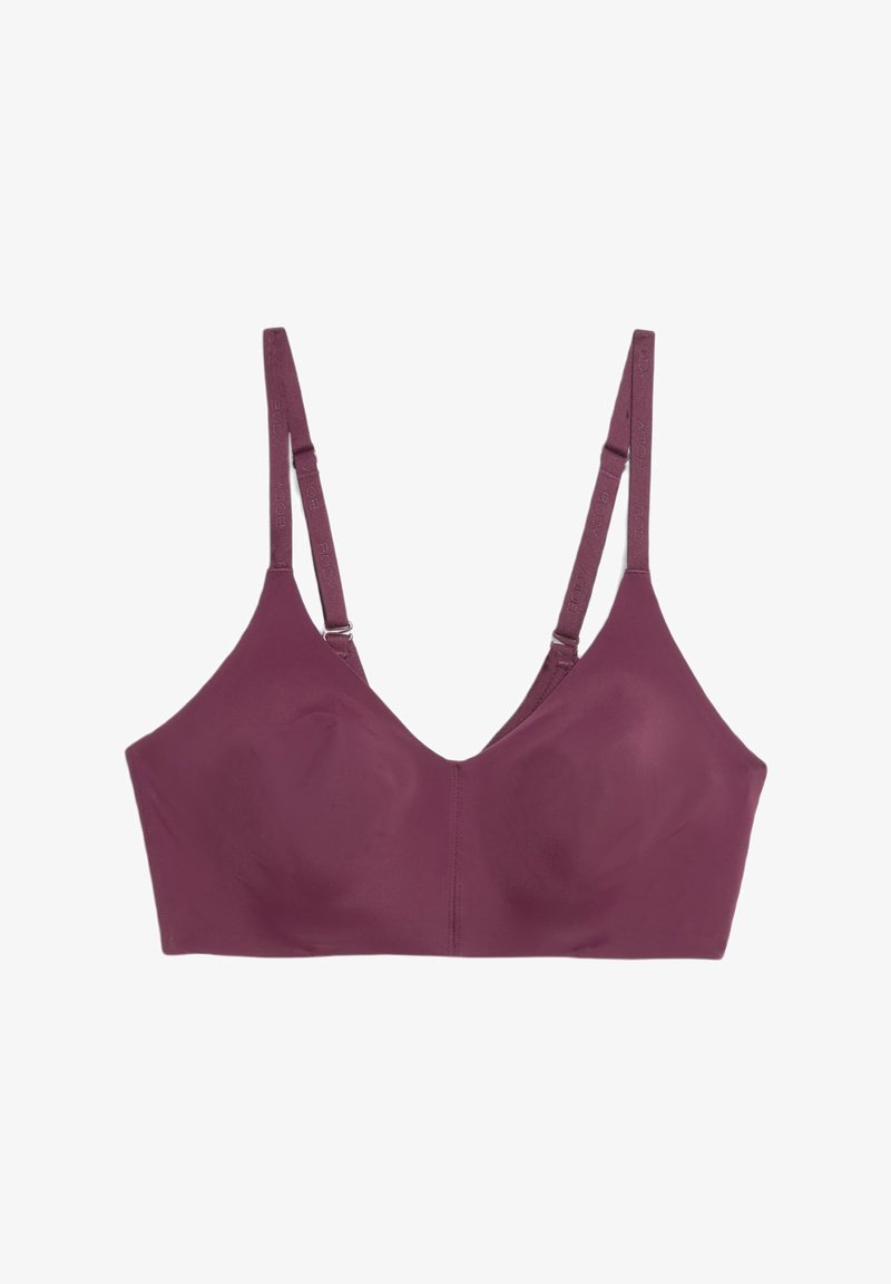Brassière mauve en tissu lisse et extensible. Elle dispose de bretelles réglables et d'une large bande, conçue pour le confort et le soutien. Sans armatures.