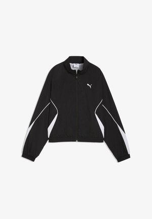 Zwarte Puma jas met volledige ritssluiting, witte accenten aan de zijkant en mouwen, elastische manchetten, hoge kraag en Puma-logo op de linkerborst.