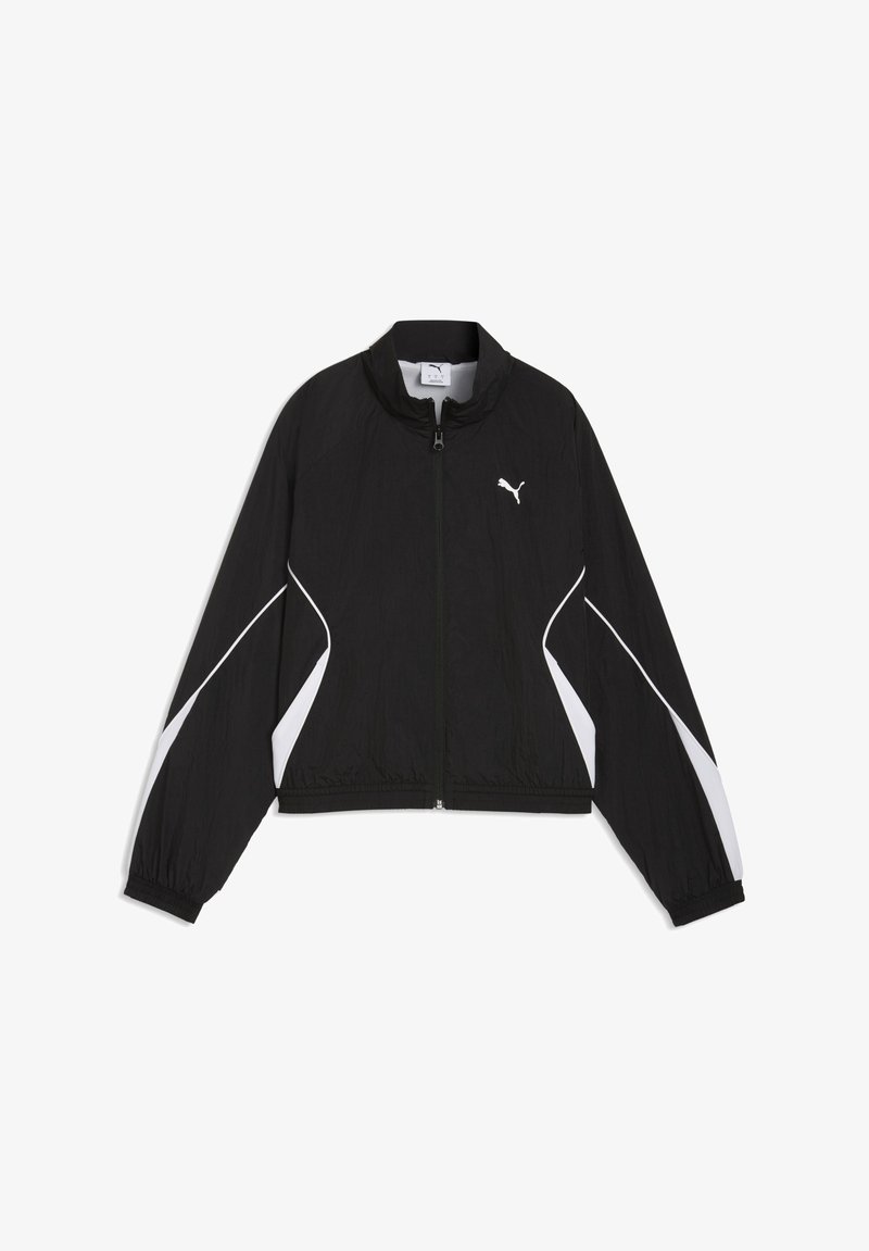 Μαύρο μπουφάν Puma με φερμουάρ σε όλο το μήκος, λευκές λεπτομέρειες στο πλάι και στα μανίκια, ελαστικές μανσέτες, ψηλό γιακά και λογότυπο Puma στο αριστερό στήθος.