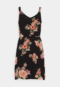 Musta kukkamekko, jossa on V-mallinen kaula-aukko ja ohuita olkaimia. Mekossa on isoja vaaleanpunaisia ja oransseja ruusuja vihreillä lehdillä. Kevyt kangas.