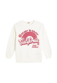 Witte sweatshirt met een roze glitterafbeelding en de tekst "KLAAR OM TE GENIETEN VAN ELK MOMENT IN CALIFORNIË" en een regenboogontwerp.
