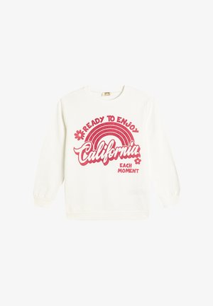 Weißer Sweatshirt mit einer pinken Glitzer-Grafik und dem Text "BEREIT, JEDEN MOMENT Kaliforniens ZU GENIEßEN" sowie einem Regenbogen-Design.