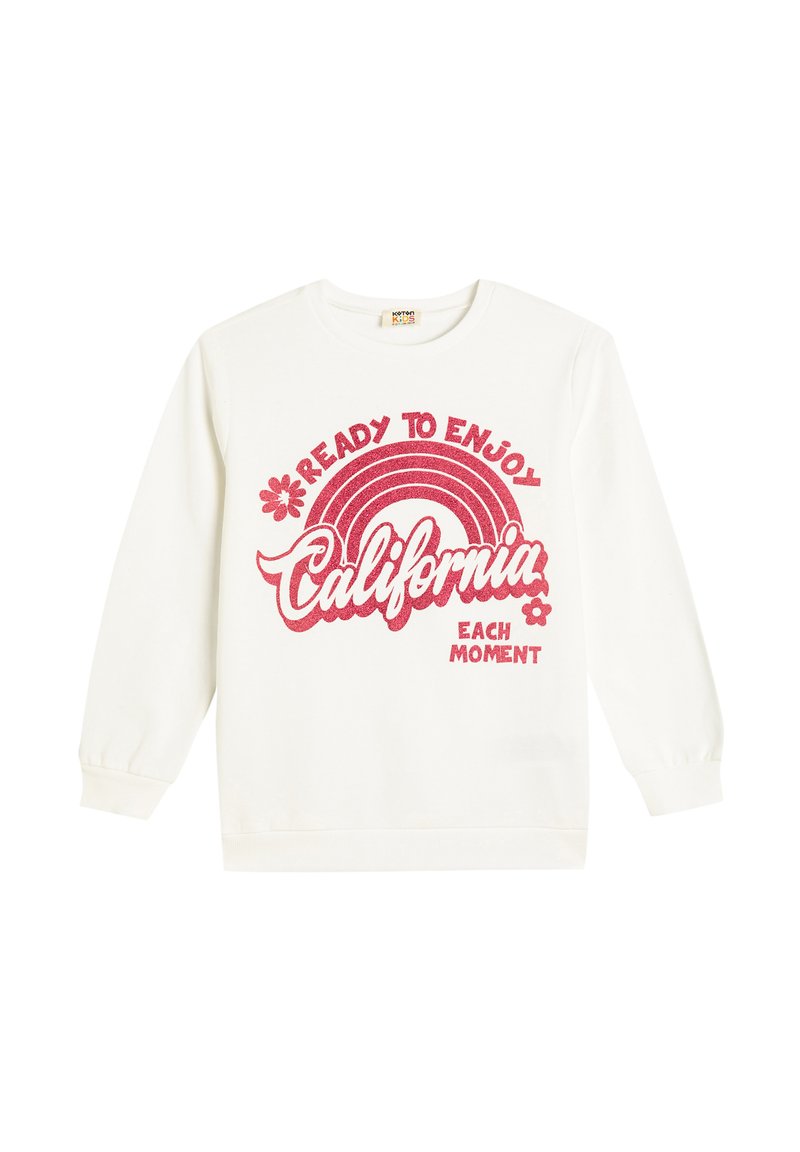 Witte sweatshirt met een roze glitterafbeelding en de tekst "KLAAR OM TE GENIETEN VAN ELK MOMENT IN CALIFORNIË" en een regenboogontwerp.