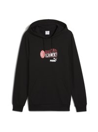 Zwarte hoodie met een voorkantgrafiek van "Forza Milan" en logo's in rood en wit. Het materiaal lijkt zacht, met een kangoeroe-tas.