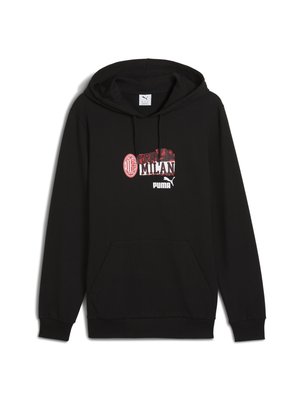 Must ülekaenaga särk, millel on eespool graafika "Forza Milan" ja logosid punase ja valgega. Materjal näib olevat pehme ning särk sisaldab ka kenguru taskut.